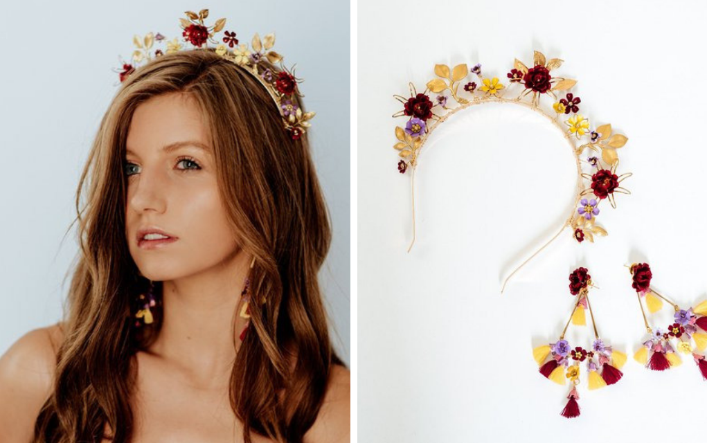 Red, yellow and purple brass gold flower crown for weddings or prom