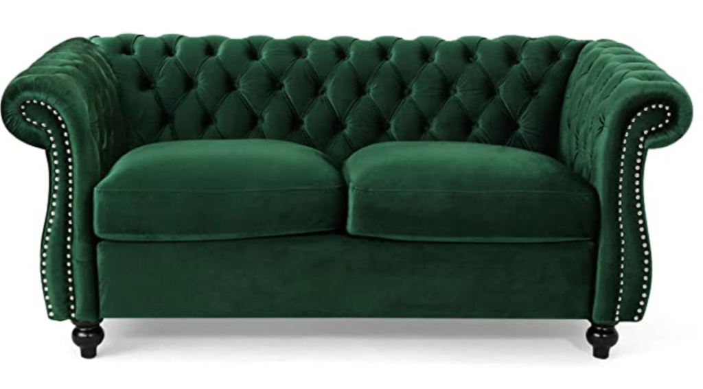 Emerald green loveseat.