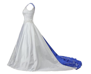 Side view of unique plus size wedding dress with a train