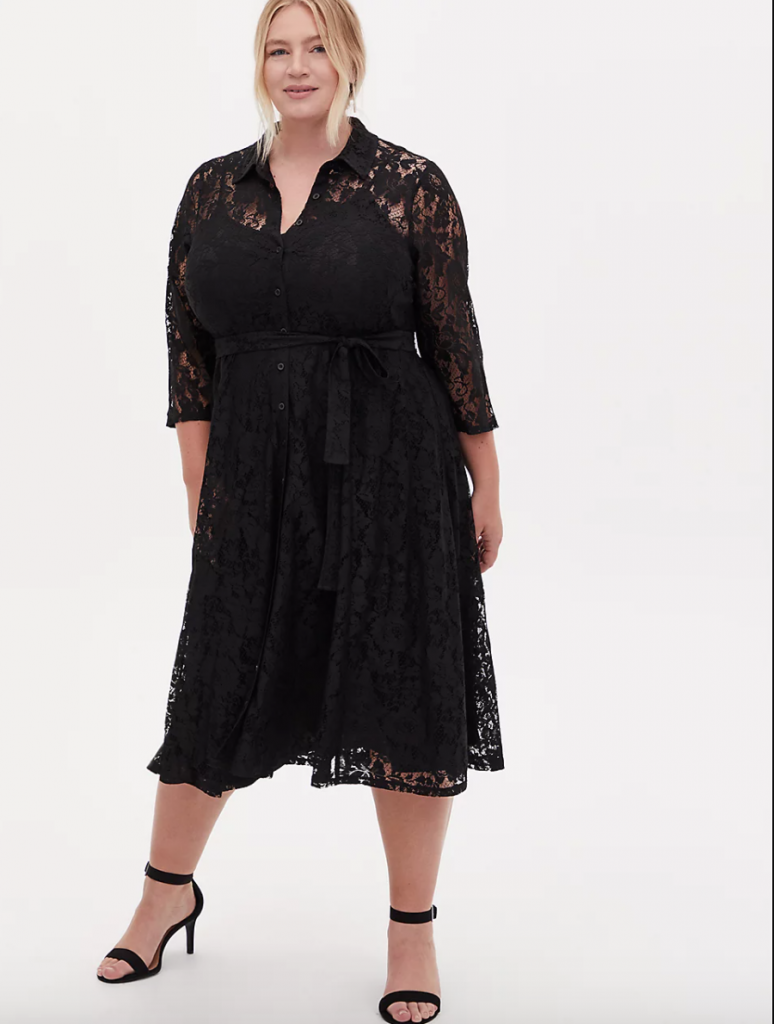 Black Lace Self-tie Tea Length Shirt Dress from Torrid Fall 2020