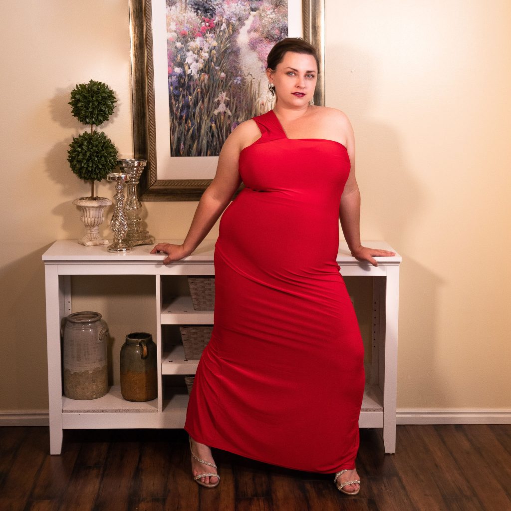 In-home fashion photoshoot with red dress and plus size model LGBT.jpg