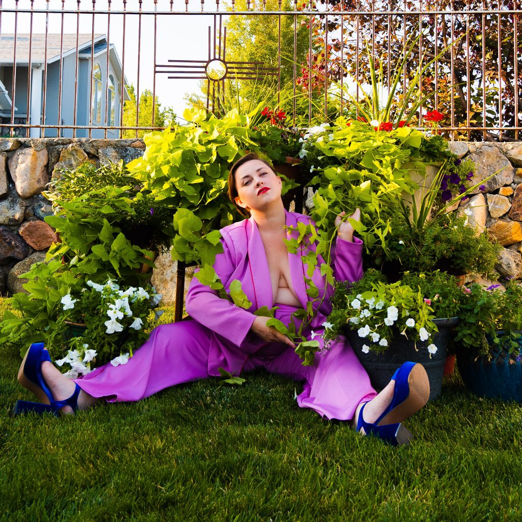 Lavender Plus Size Suit for Secondhand September Fashion Editorial - Utah Plus Size Model & LGBT Influencer.