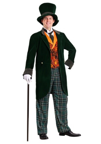 Dapper plus size men's Mad Hatter costume in a 7x, with top hat and orange waistcoast/vest