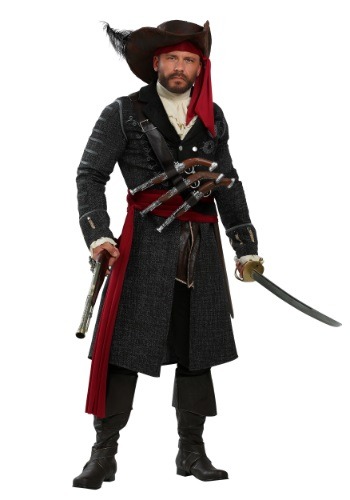 Plus Size Men's Blackbeard PIrate Halloween Costume.  Costume has a black jacket, big pirate hat and pretty snazzy pirate boots!