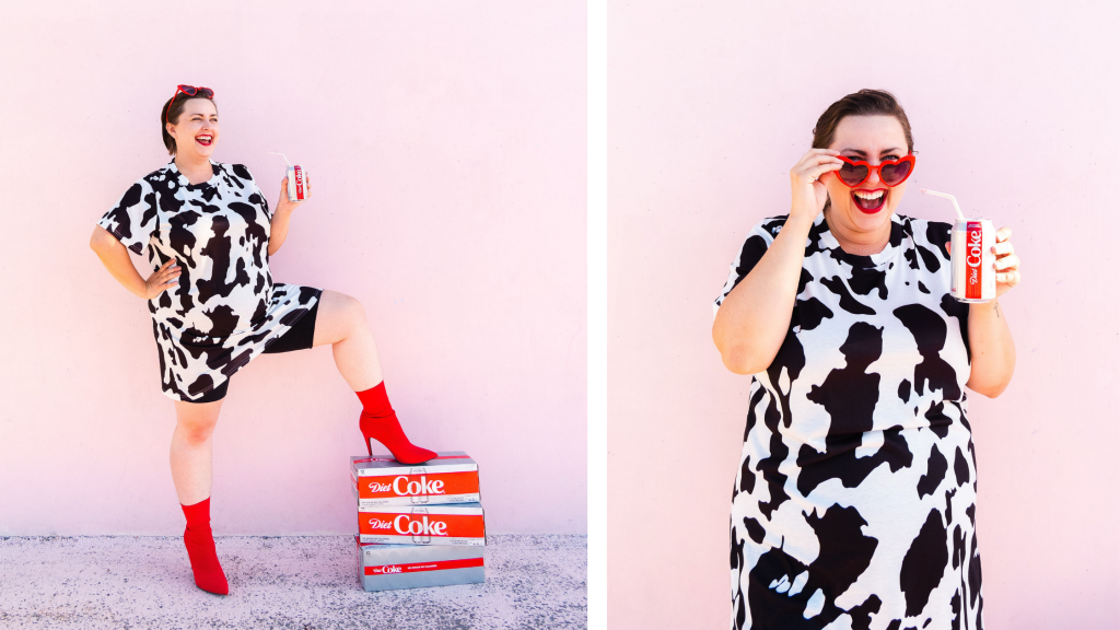 Cow print fashion trend fashion blogger with red boots and diet coke