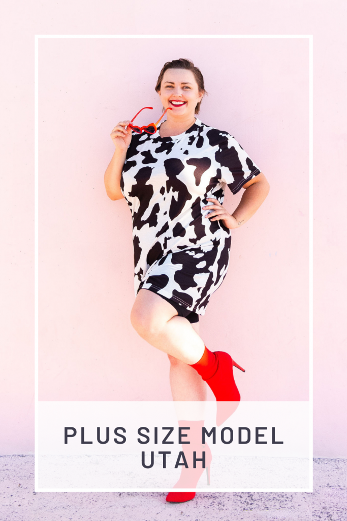 curvy model in cow print for photoshoot