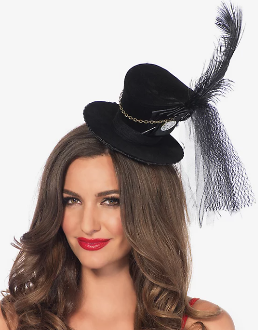 Plus size steampunk cosplay accessories - mini top hat with feather for a steampunk costume.