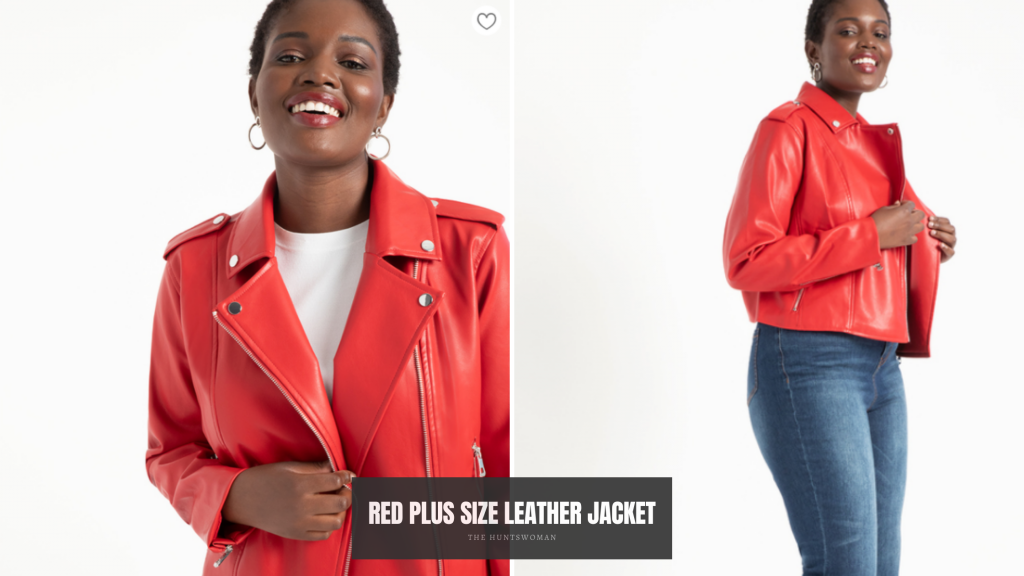Plus size model wearing plus size red faux leather jacket, moto style
