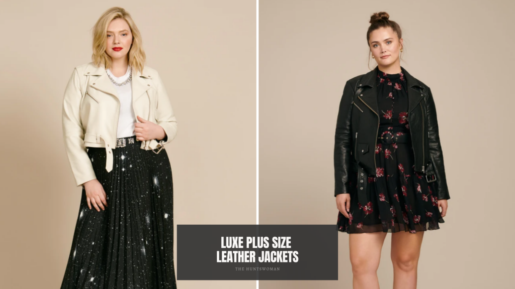 side by side image of models in white and black moto plus size leather jackets 