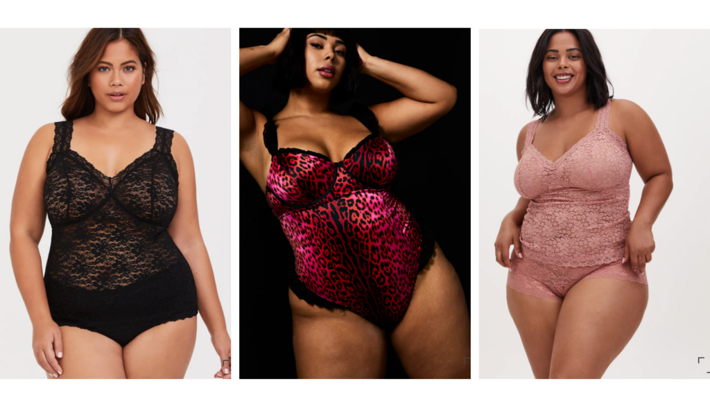 plus size 5x lligerie in black, animal print and soft pink bodysuits