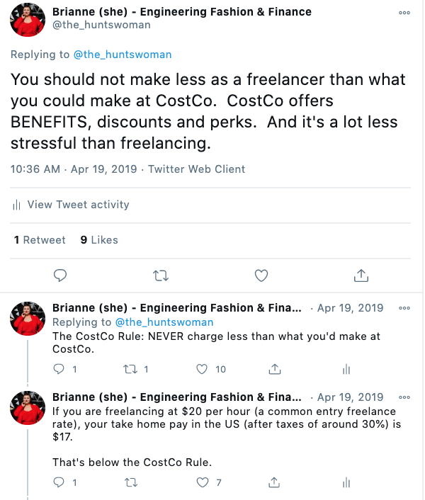 Tweet with tip on how to set rates as a freelancer.  Blog post is a guide on how to raise rates and land higher paying clients.