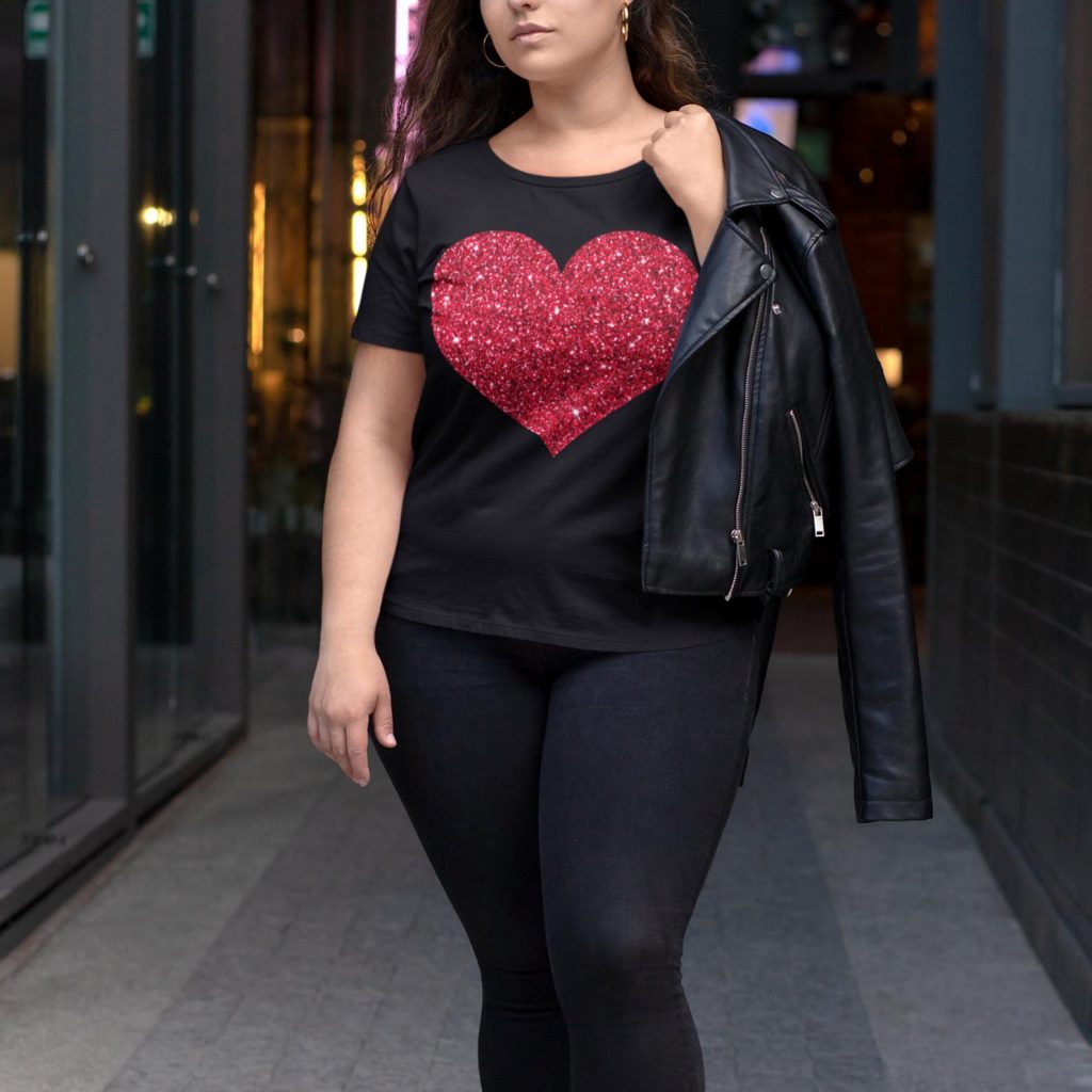 black plus size valentine's day shirt with sparkly heart graphic