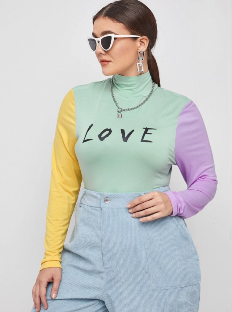 90's vintage pink Valentine's Day shirt with LOVE text on color blocked top