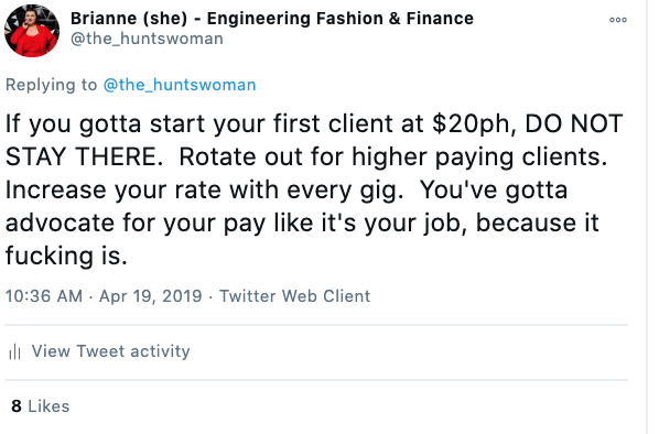 Tweet with tip on how to set rates as a freelancer.  Blog post is a guide on how to raise rates and land higher paying clients.