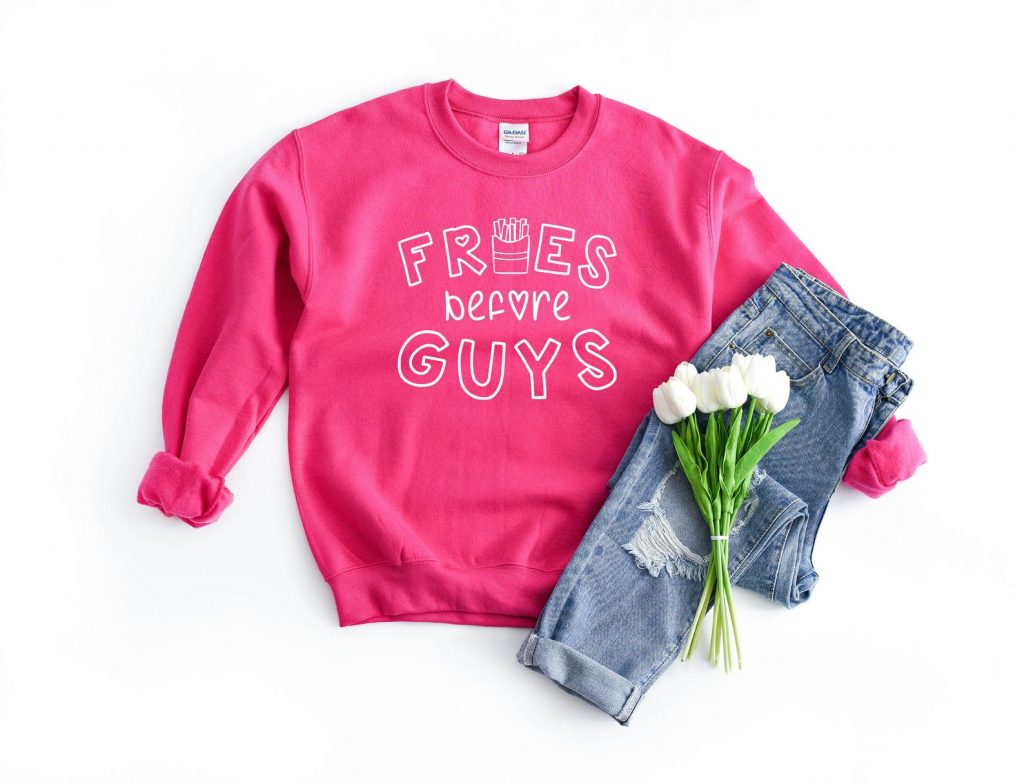 Sassy Galentine's Day Plus Size Valentine's Day sweatshirt fries before guys