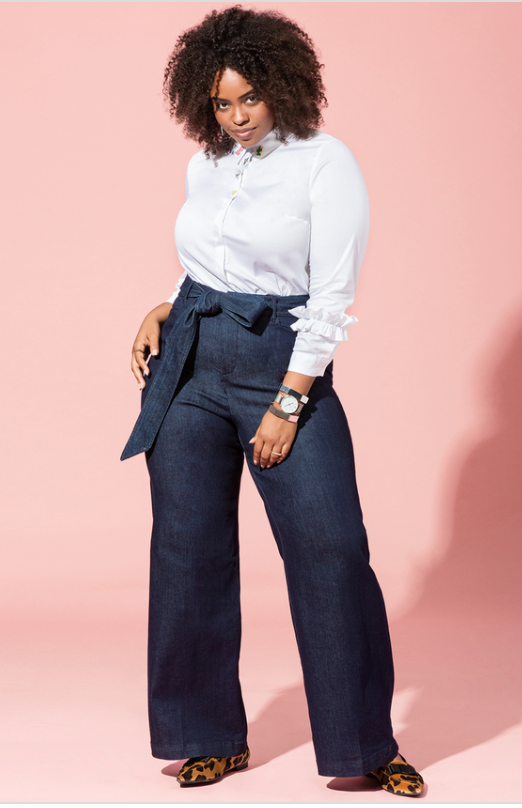 plus size business casual outfit - statement denim trousers and white top