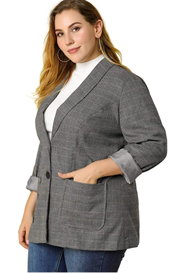 Plus size dark academia outfit idea gray plaid blazer