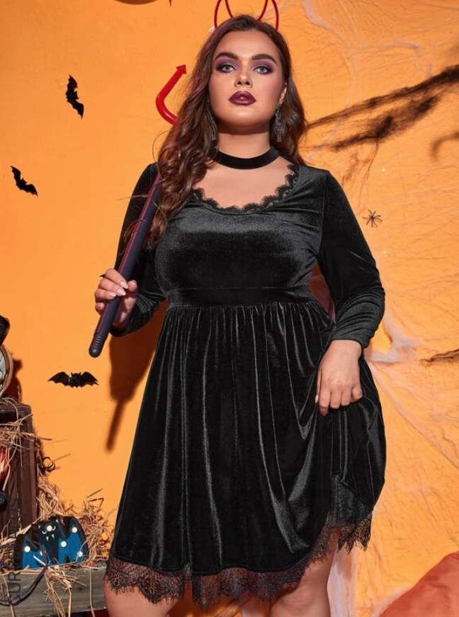 plus size Halloween costume black cat with velvet dress