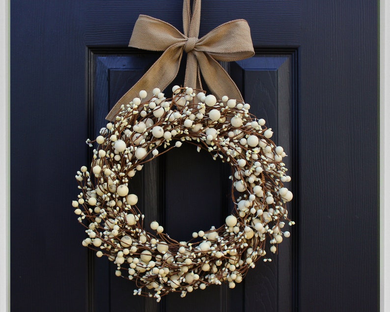 January Front Door Wreath - Creme Wreath for Black Dark Door