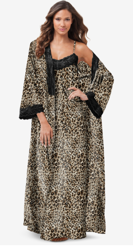 long plus size satin robe in animal print