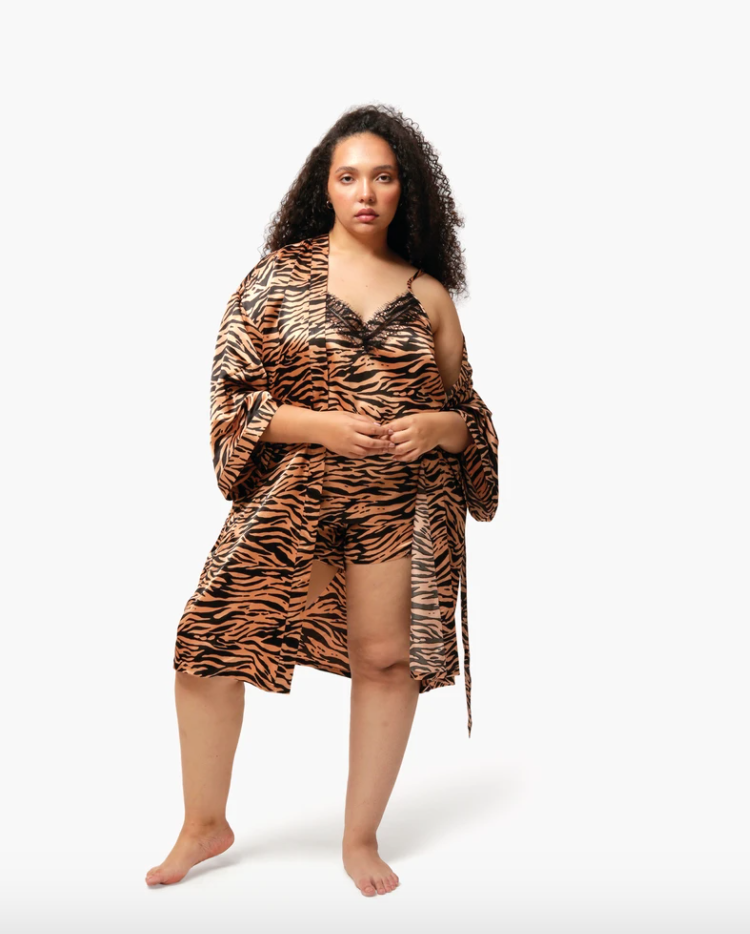 Short plus size satin robe in animal print orange and black tiger stripes