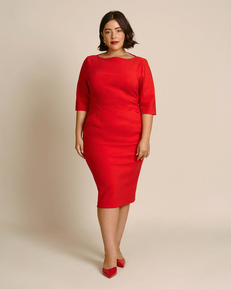 Plus Size Professional Outfits for Working in Government & Politics - plus size red dress mid calf with high boatneck neckline