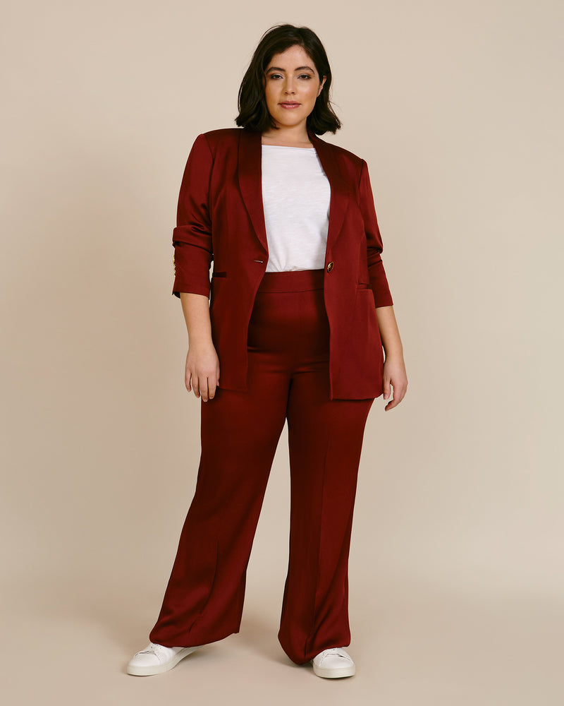 Plus Size Professional Outfits for Working in Government & Politics - dark red plus size pantsuit with slacks trousers and blazer jacket