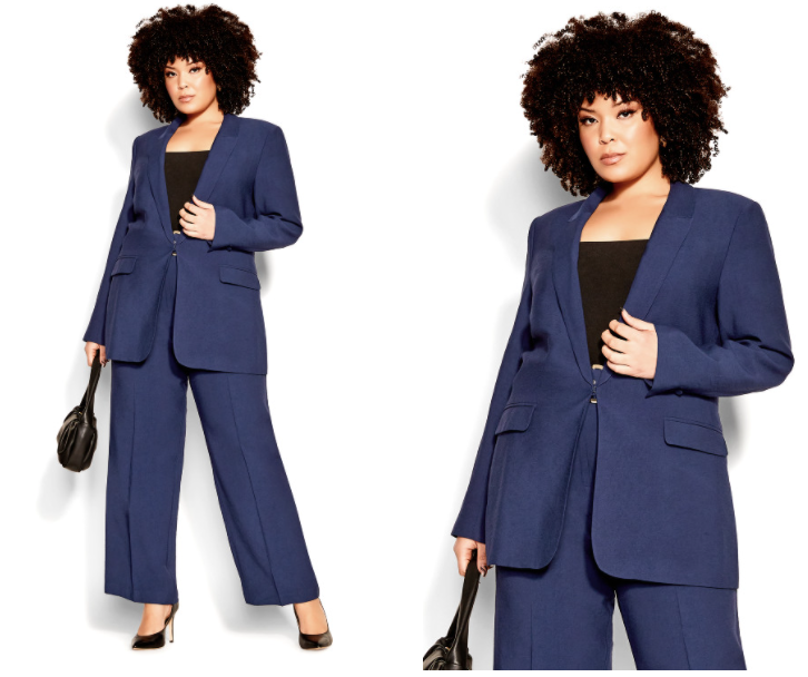 Plus Size Professional Outfits for Working in Government & Politics - plus size navy pantsuit with wide trouser legs