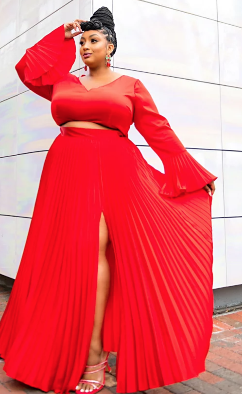 Red plus size summer outfit - plus size matching set in red, flowy top with skirt
