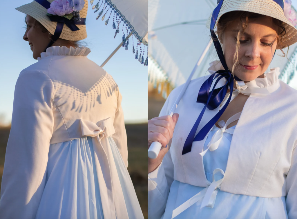 Plus Size Regency dress with bonnet and parasol