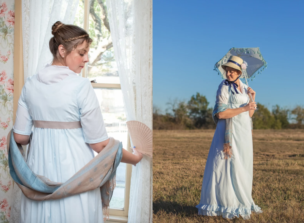 Plus Size Regency dress wit bonnet and parasol