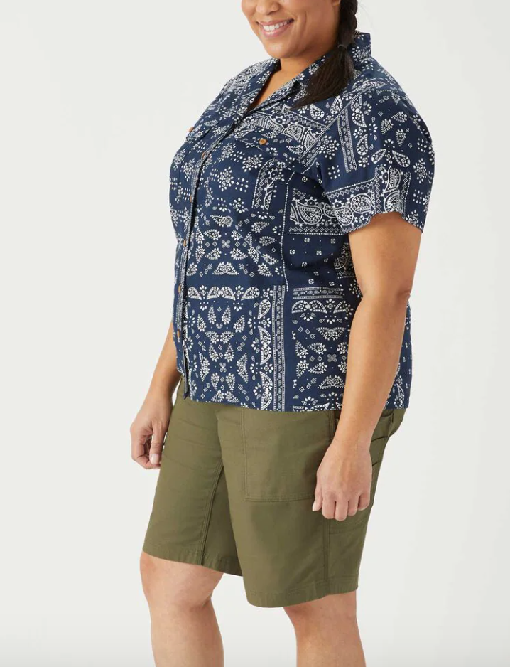 Plus size short sleeve masculine button down shirt with long shorts