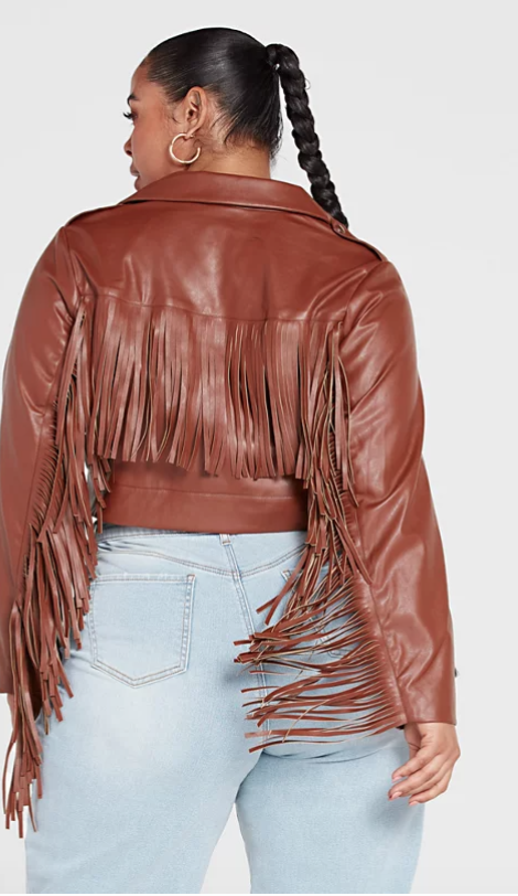 DIY plus size cowgirl costume with fringe brown faux leather fringe jacket
