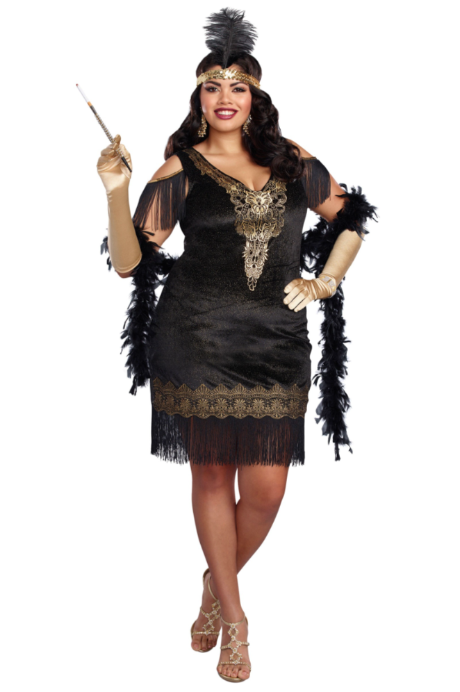black and gold plus size flapper costume dress