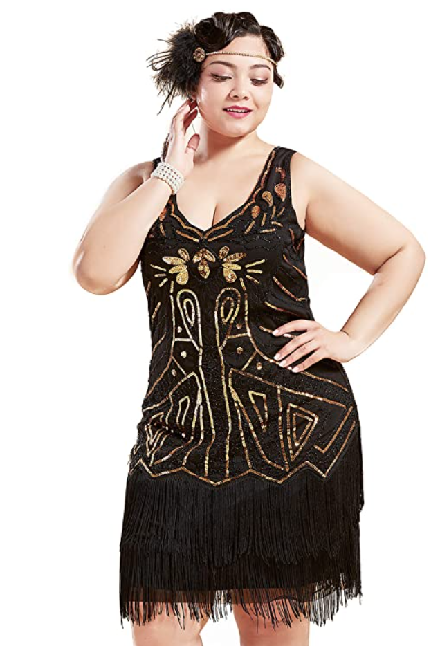 plus size flapper costume dress in black and gold