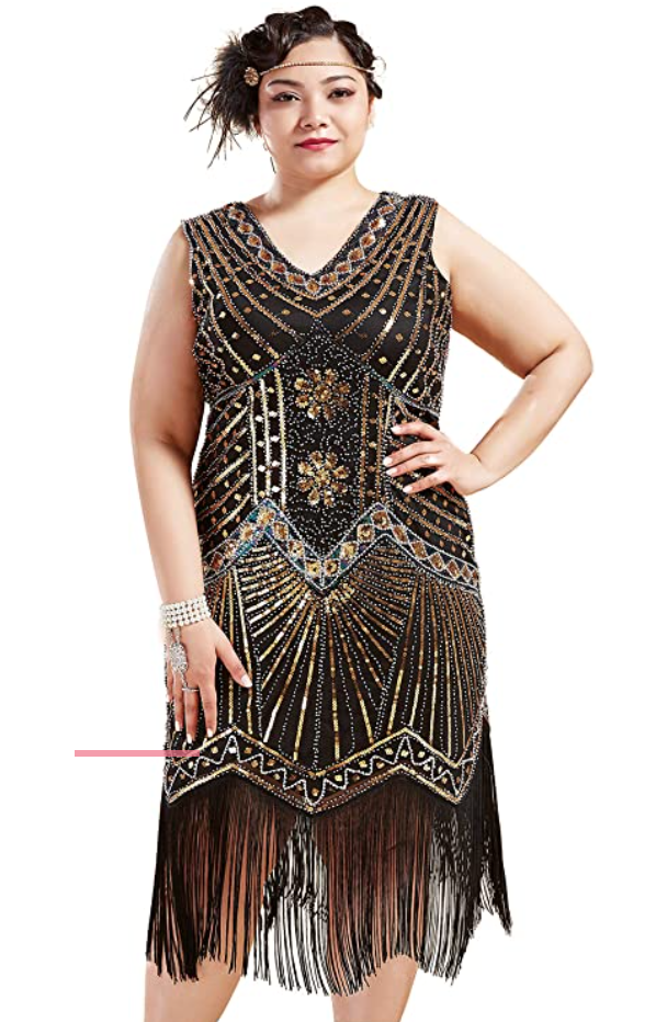 black and gold plus size flapper costume dress