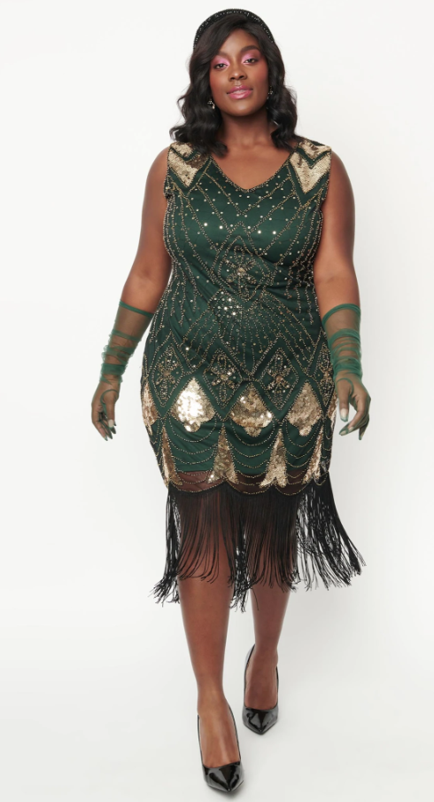 plus size flapper costume dress in green and gold