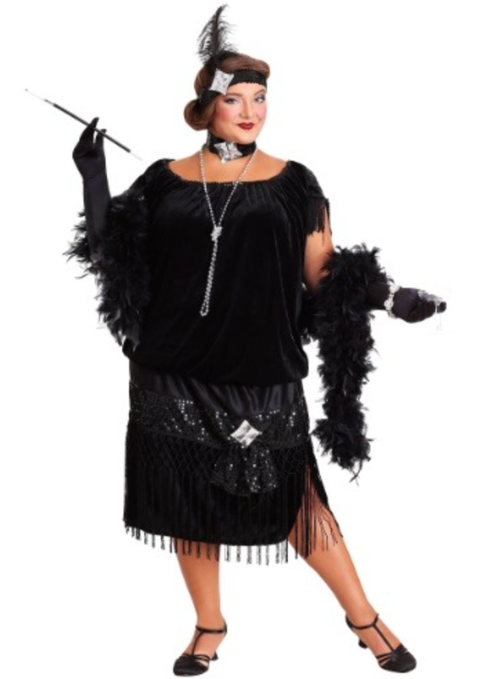 black plus size flapper dress with boa and headband