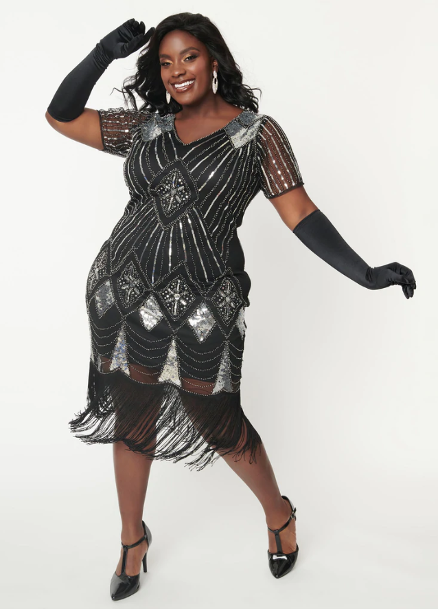 plus size flapper costume dress in black and silver