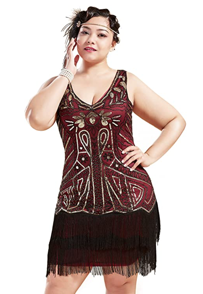 plus size flapper costume dress in red, gold and black