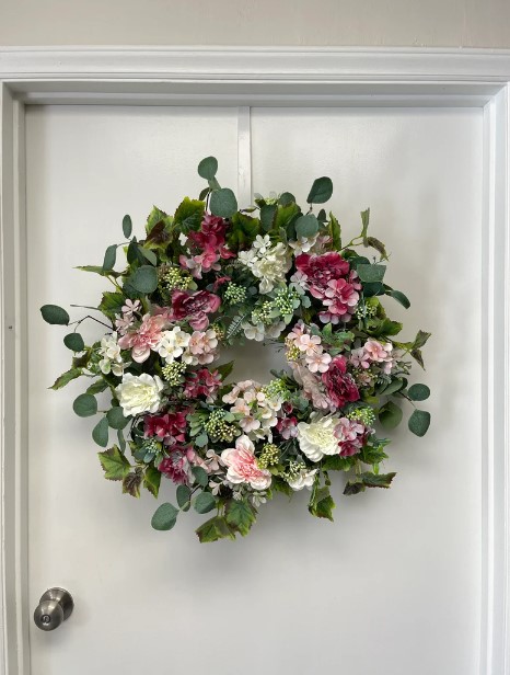 Front Door Wreaths for Summer  - Purple, pink and cream flowers with eucalyptus leaves 
