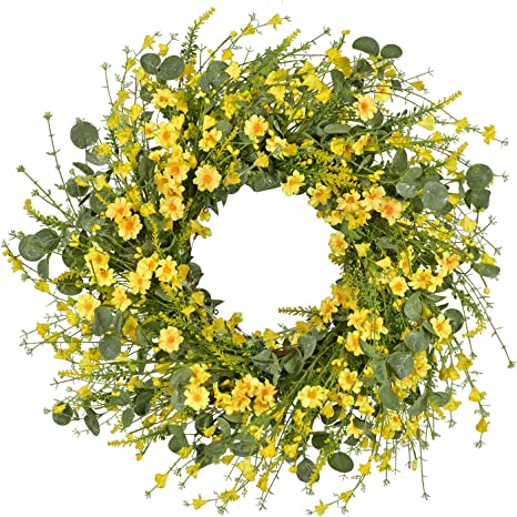 Front Door Wreaths for Summer  - wild and untamed wreath with yellow flowers with an orange center and eucalyptus leaves