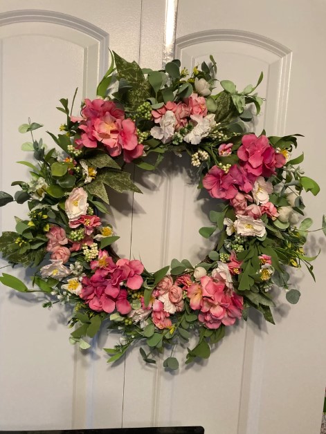 Front Door Wreaths for Summer - Pink hydrangeas and green leaves with some white flowers and daisies