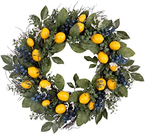 Front Door Wreaths for Summer - wreath full of faux lemons and dusty blue blueberries nestled among greenery 