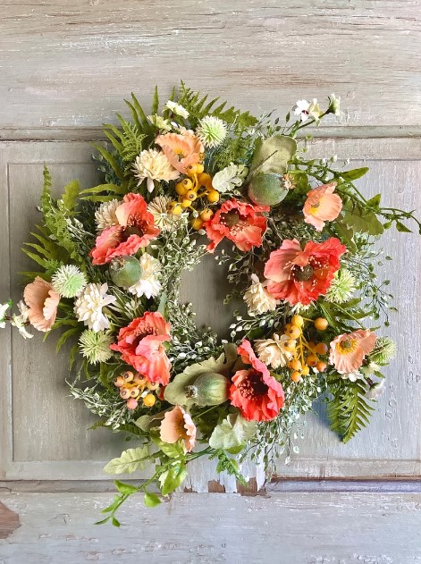 Front Door Wreaths for Summer - light green wreath featuring gorgeous red and pink poppies with yellow berries and assorted greenery and whtie flowers