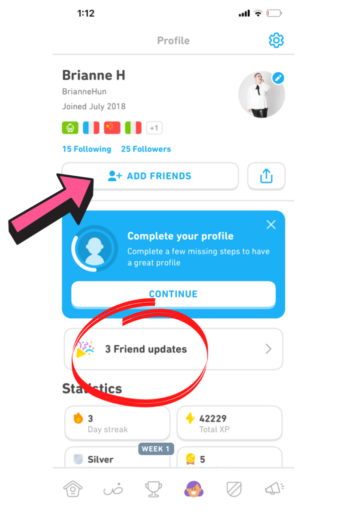 How to learn Arabic on Duolingo - screenshot of app where you can add friends and see your friends updates to celebrate them