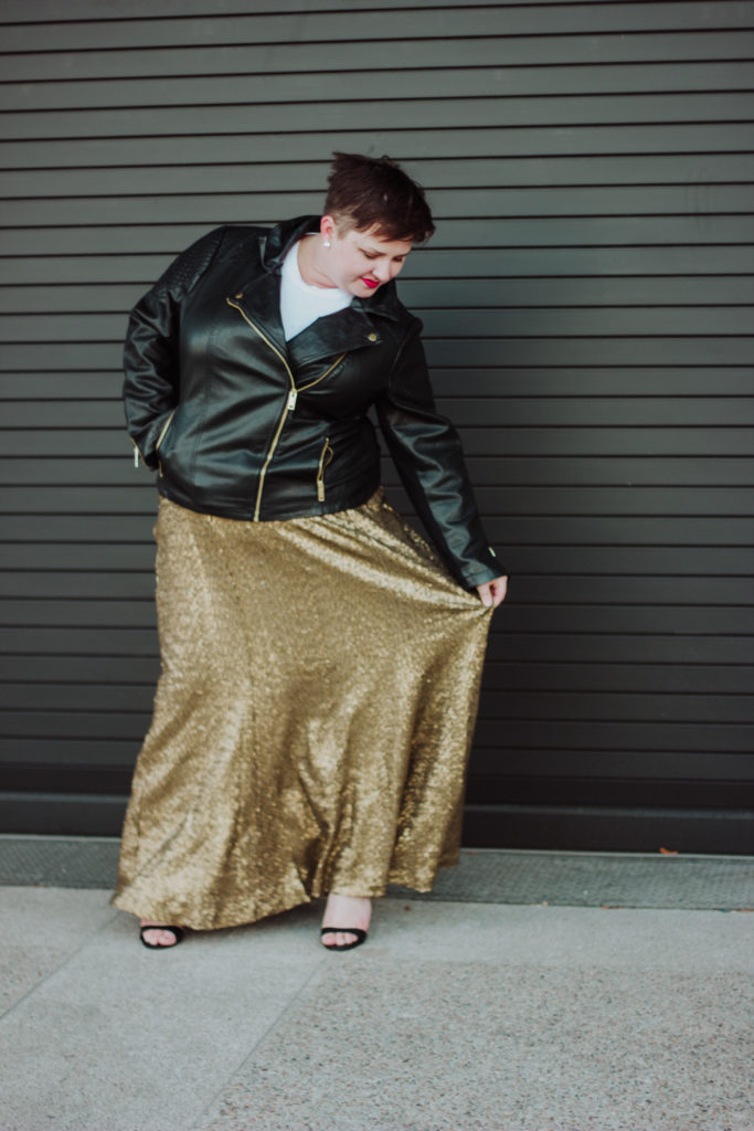 Gold skirt outlet leather jacket