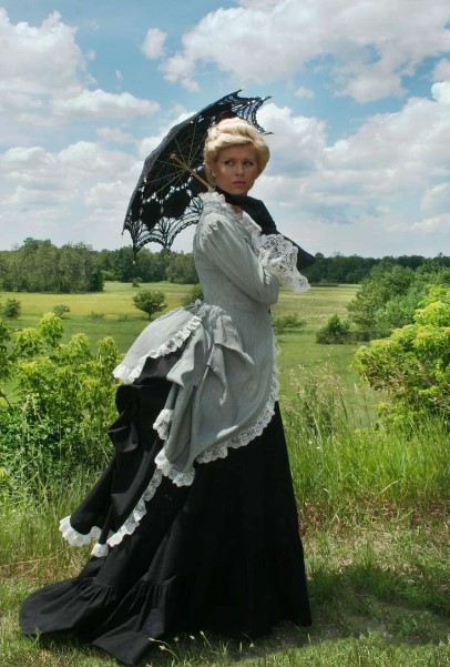 plus size victorian costume with bustle in gray and black - day dress walking dress