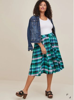 Plus Size Women Autumn Retro Plaid Spliced 100%Cotton Skirt