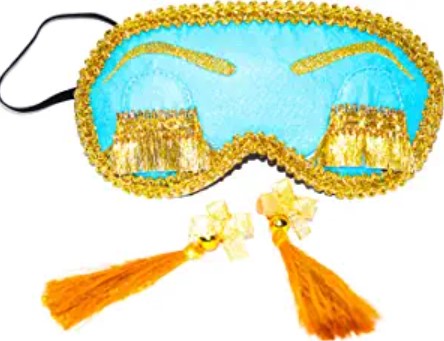 Blue and gold sleep mask that's similar to the one worn by Holly Golightly in Breakfast at Tiffany's
